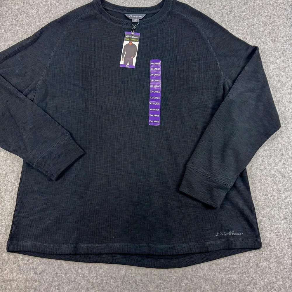 Eddie Bauer Sweater‎ Mens 2XL Black Double Knit Crew Waffle Pullover Thermal NEW